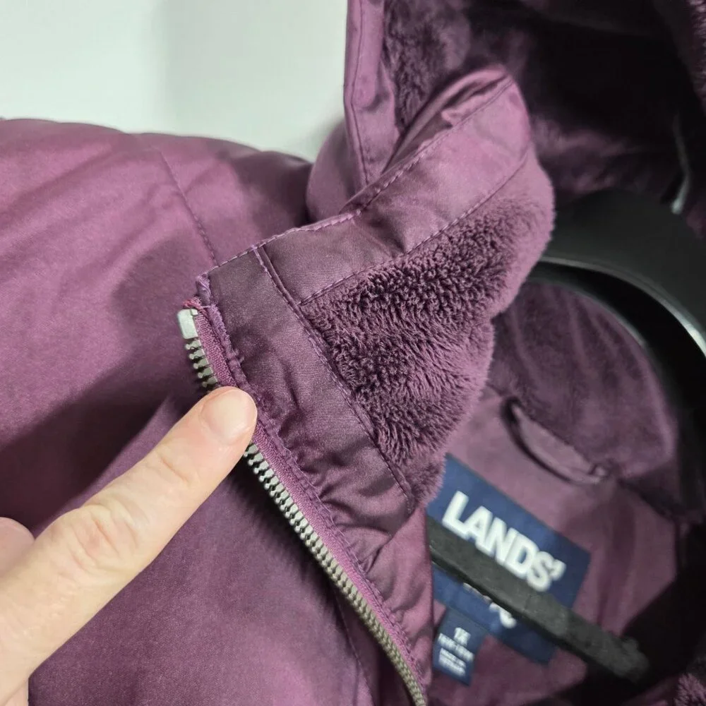 Lands End Coat Womens 1X Purple Insulated Quilted Hooded Long Parka